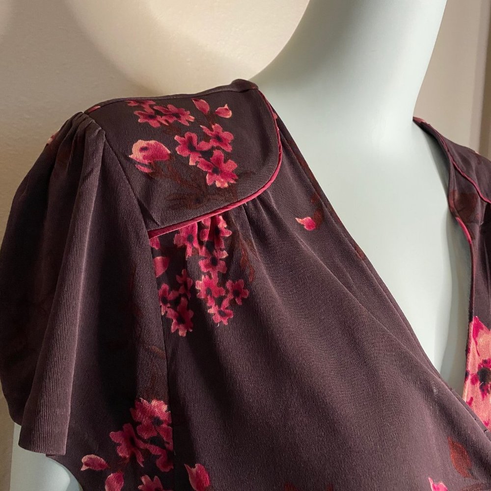 SILK WRAP DRESS deep burgundy wine w red floral XL